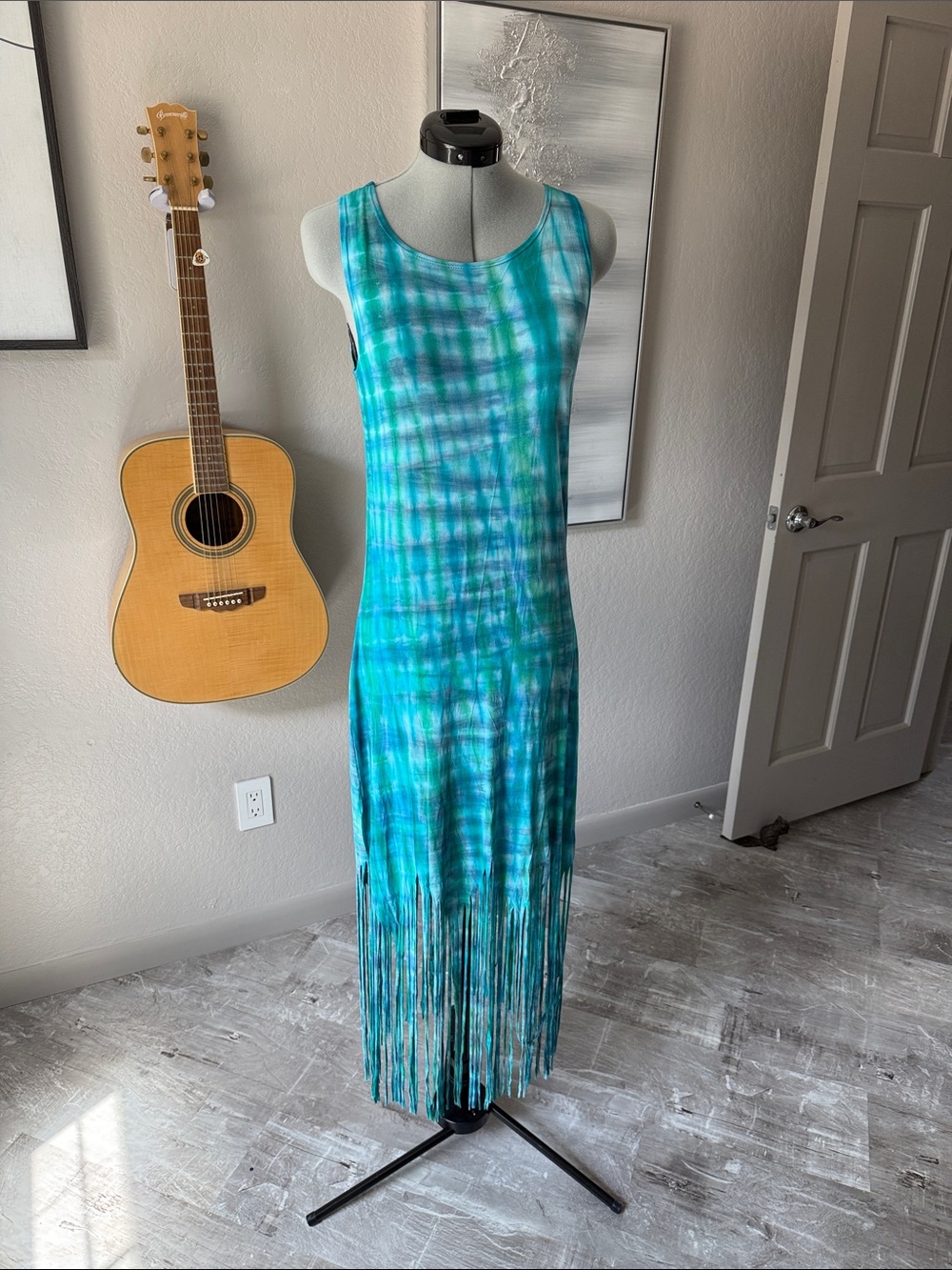 Sleeveless Turquoise Tie-Dye Fringe Maxi Dress